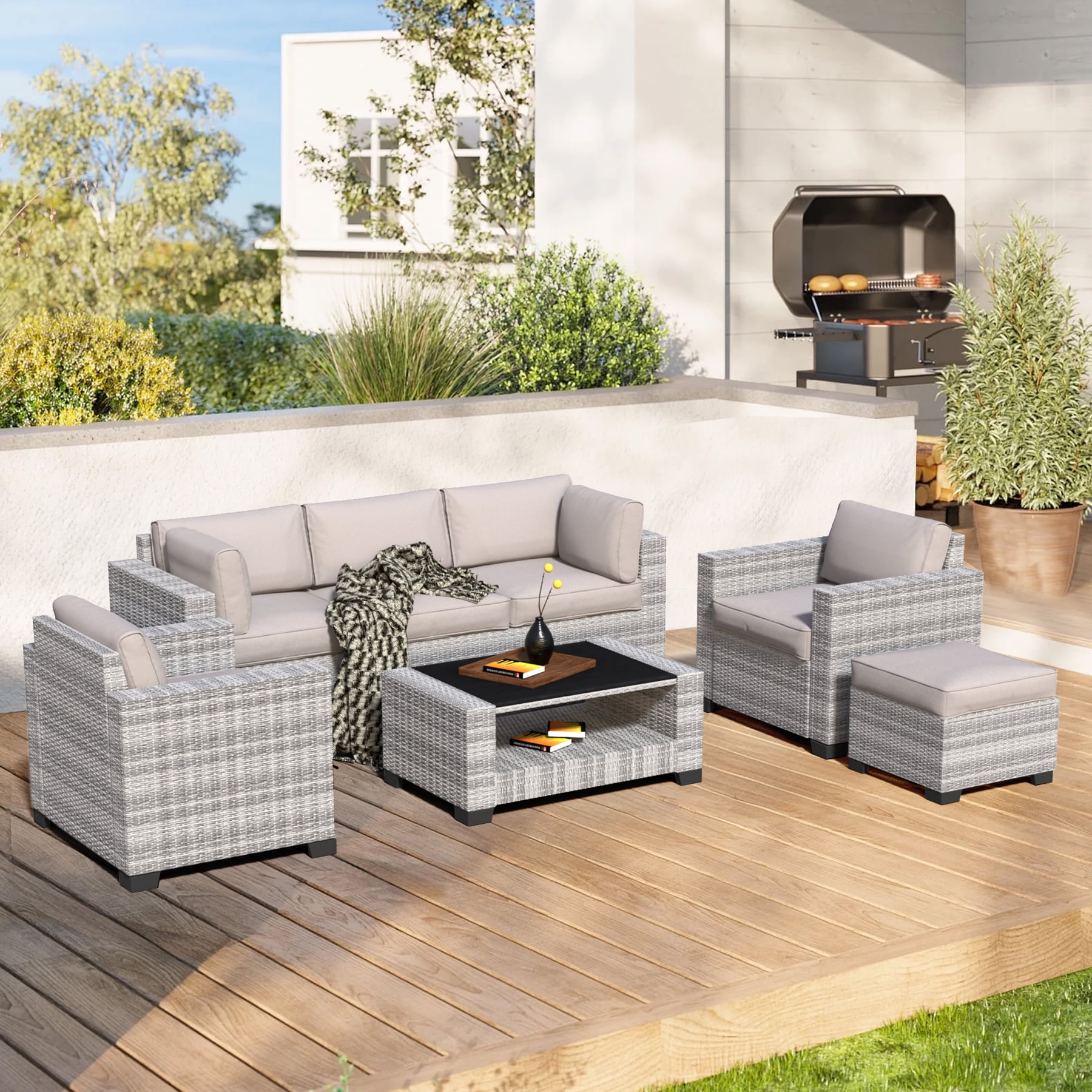 7-Piece Outdoor Patio Furniture Set, PE Rattan Sectional Sofa with Waterproof Cushions & Coffee Table, Modern Patio Conversation Set for Porch, Balcony, Backyard