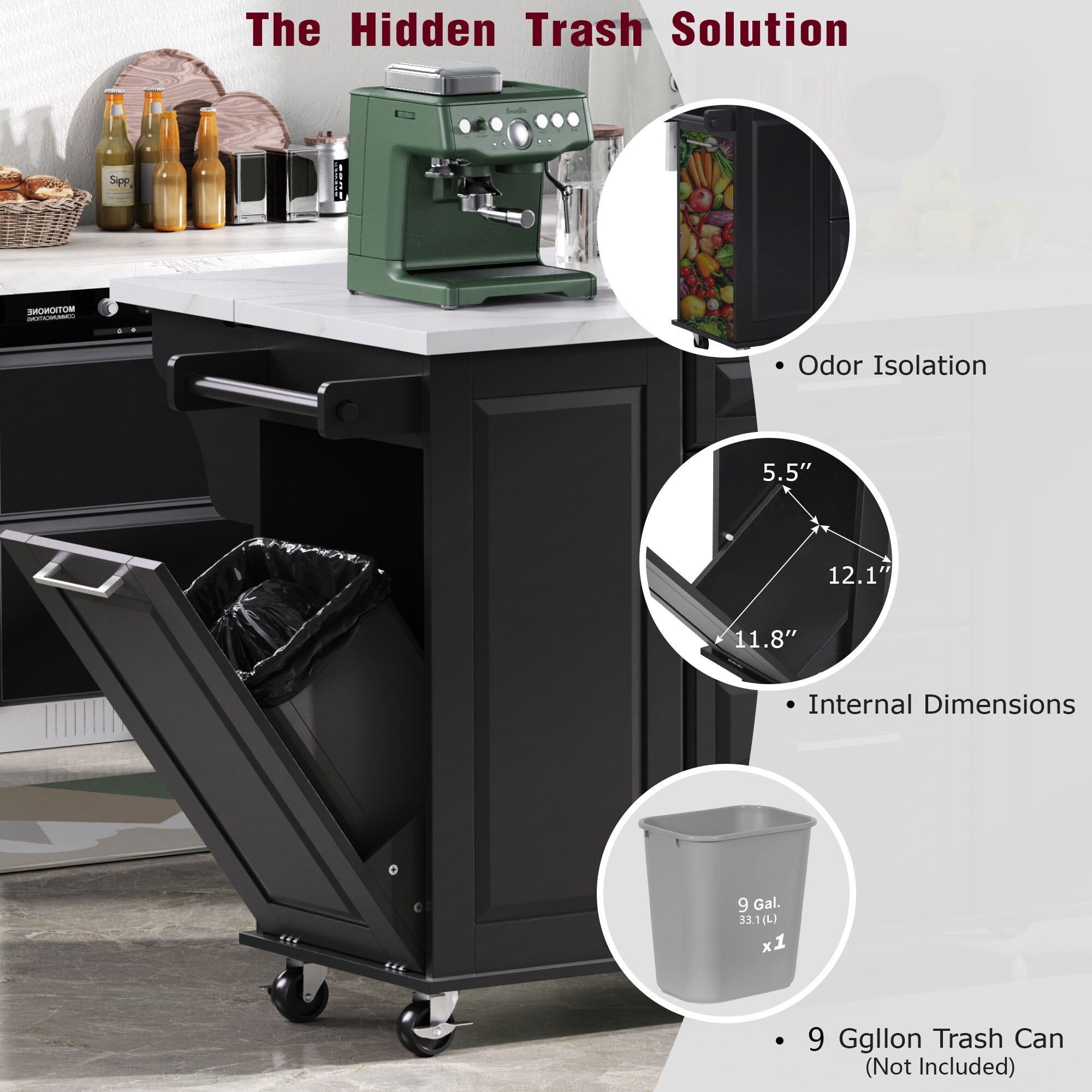 AENKYO 50.7'' Kitchen Island Cart with Drop Leaf, Hidden Trash Cabinet, Pull-Out Organizer, and Lockable Wheels, Black