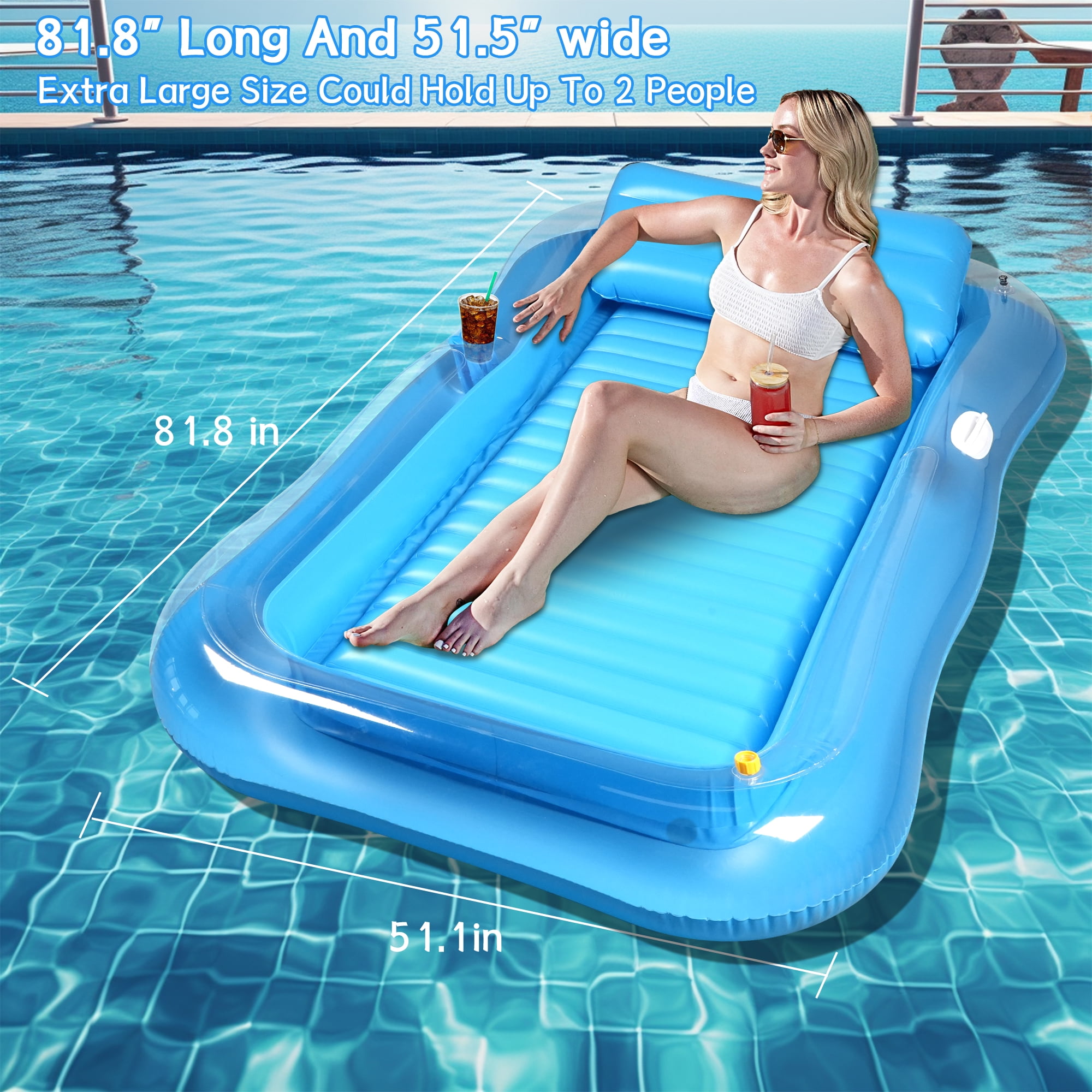 Inflatable Tanning Pool Lounger Float with Sprinkler, 81" x 53" Pool Floats Adult with Pillow, all in one Suntan Tub Raft Floatie with Drink Holder Sunbathing Water Lounge (Clear Blue)