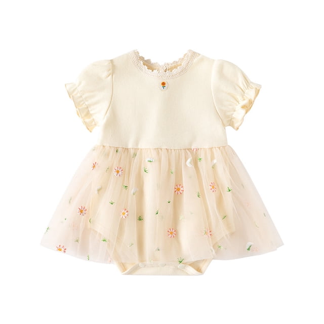 Odeerbi Bodysuit de Algodón Para Niñas En Verano Vestido de Tul Bordado Con Flores Cuello Redondo Con Volantes Manga Corta Vestido de Malla Dulce