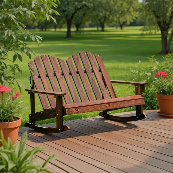 Topcobe 2 Person Adirondack Rocking Chair with Slatted seat, Toddler Living Room Chair-Brown