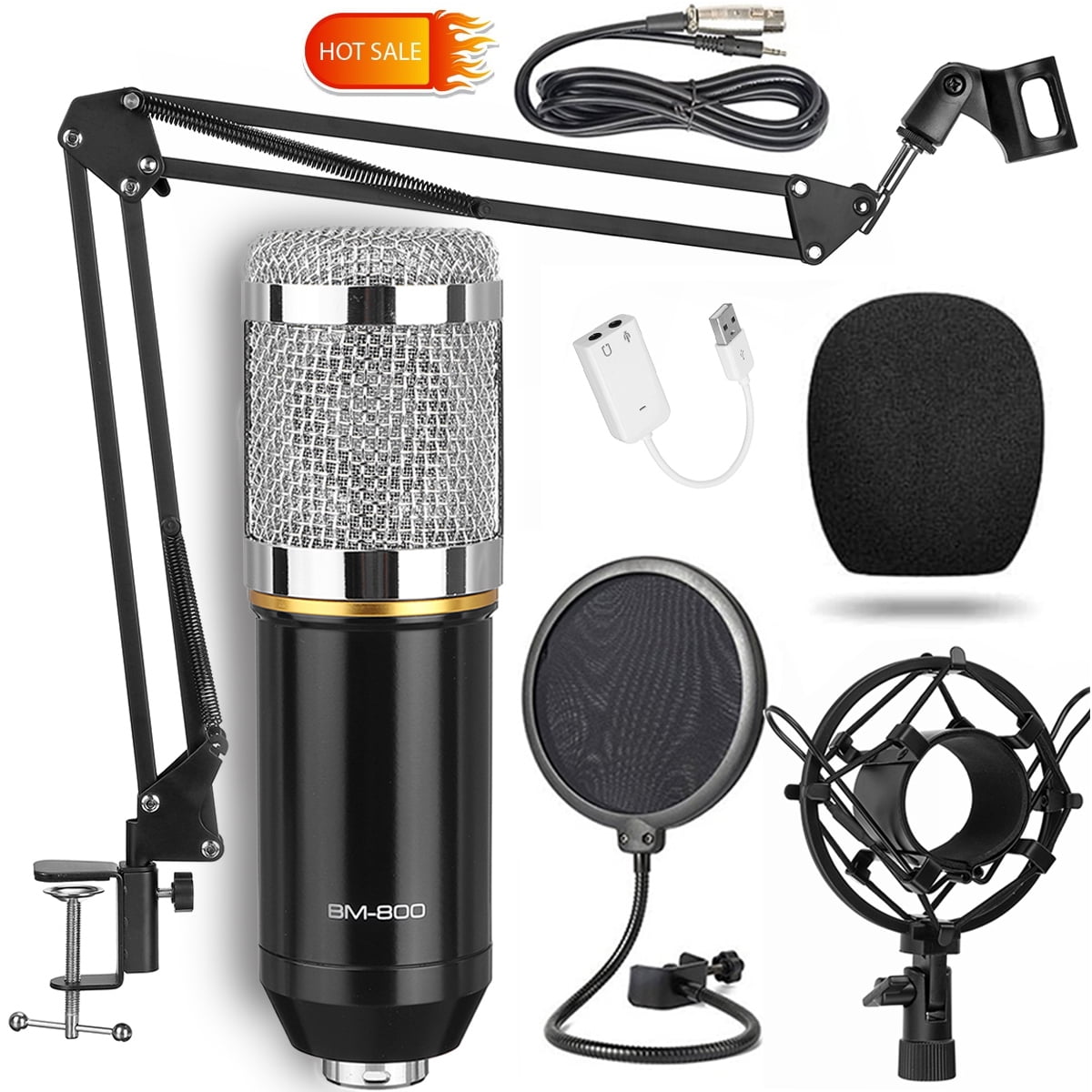 BM800 Condenser Studio Microphone Kits Novashion 8 Pcs/Set, 20 to 20,000 Hz  Mic, 8.2 ft Cable, with Adjustable Mic Stand, USB Sound Adapter, Nylon