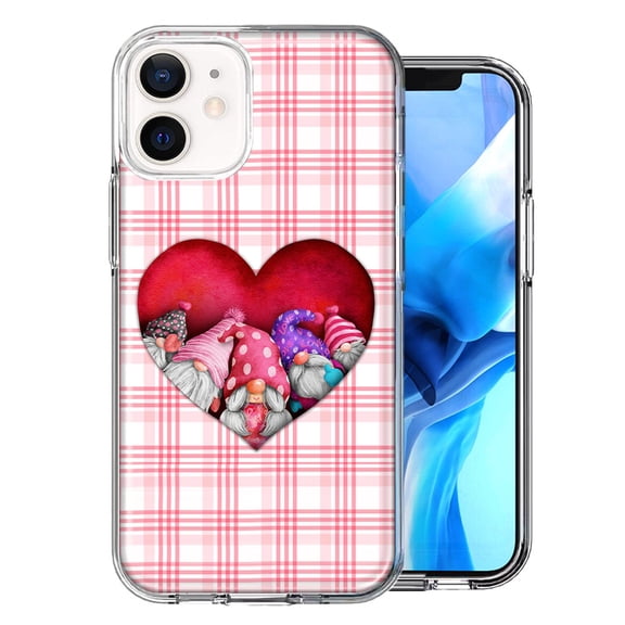 MUNDAZE for Apple iPhone 12 Mini Valentine's Day Garden Gnomes Heart Love Pink Plaid Double Layer Phone Case Cover