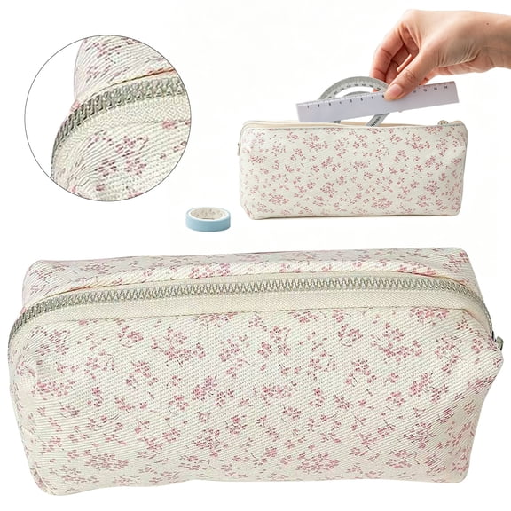 Canvas Pencil Case - Ins Floral Pattern Makeup Bag - Large Capacity Zip Pouch - Stationery Organizer - Light Pink