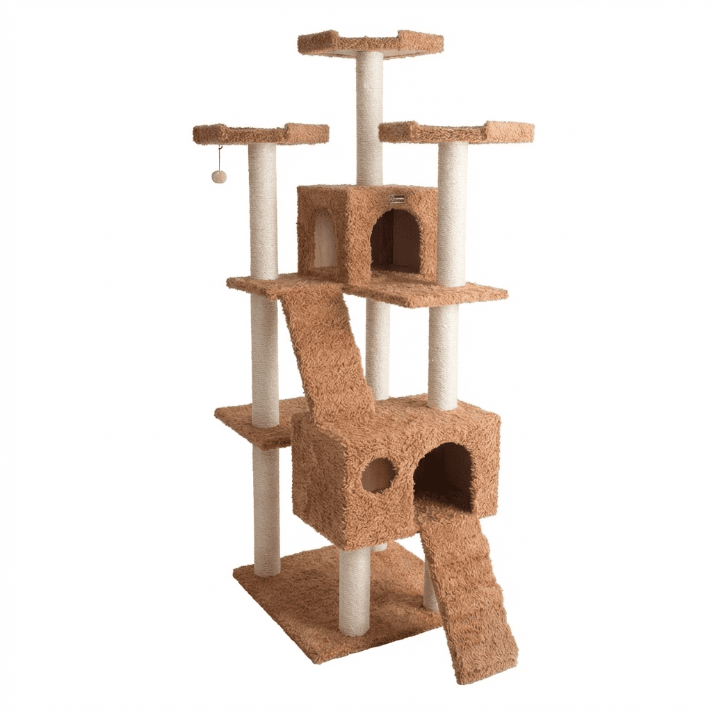 Multi-Level Cat Tree Tower, 74-Inch Tall Activity Center with Condos, Scratching Posts, Plush Cover, Brown