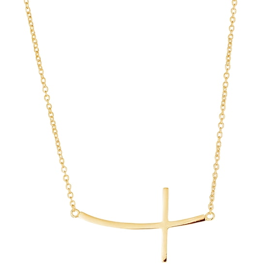 Ritastephens Sideways Curved Cross Necklace for Women Adjustable 16–18 Inch Thin Cable Chain Yellow Gold Overlay on Real Sterling Silver 925