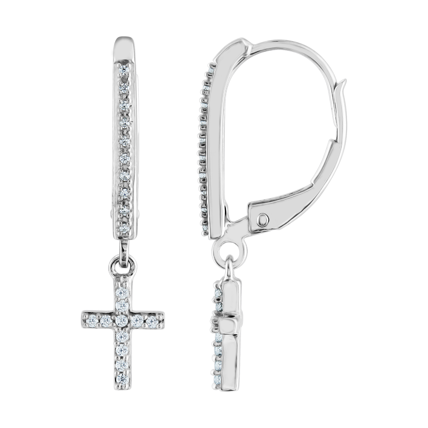Sterling Silver and Genuine Diamond 1/10 cttw Cross Drop Earring