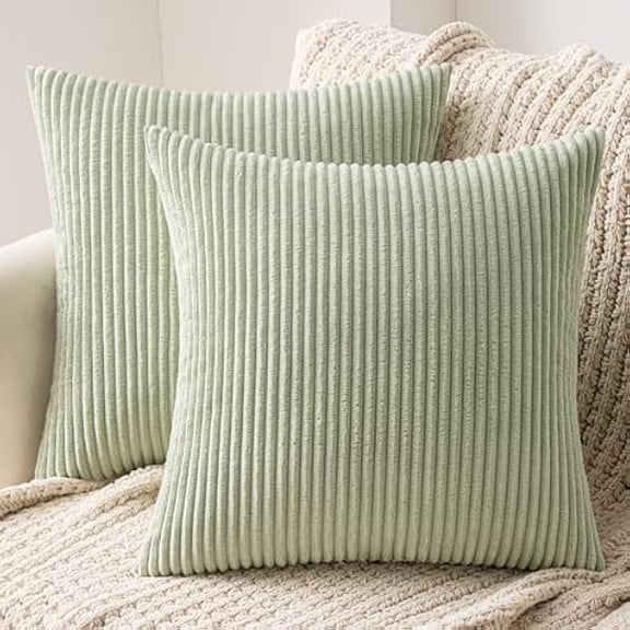 Eryueer Set of 2 Striped Corduroy Cushion Covers Soft Throw Pillow Case Sham Home for Sofa Couch/Bedroom Decorative Fluffy Large Pillowcases 40x40cm Light Green