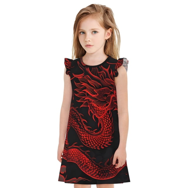 Gaeub Robe de Pyjama Dragon Rouge sur Fond Noir pour Filles, Vêtements de Nuit Confortables, Robe de Pyjama Imprimée pour Dormir, Vêtements de Détente, Fêtes-TG