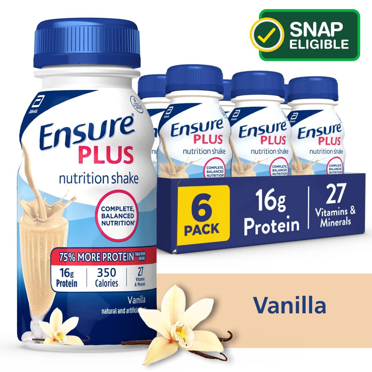Ensure Plus Nutrition Meal Replacement Shakes, Vanilla, 8 Fl Oz, 6 Count