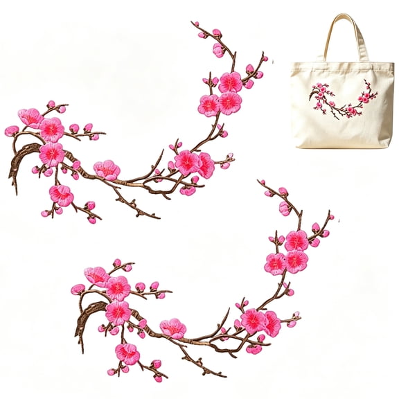 2 PCS Cherry Blossom Patches Iron On, Embroidery Flower Appliques, Easy DIY Decor for Jeans, Jackets and Bags