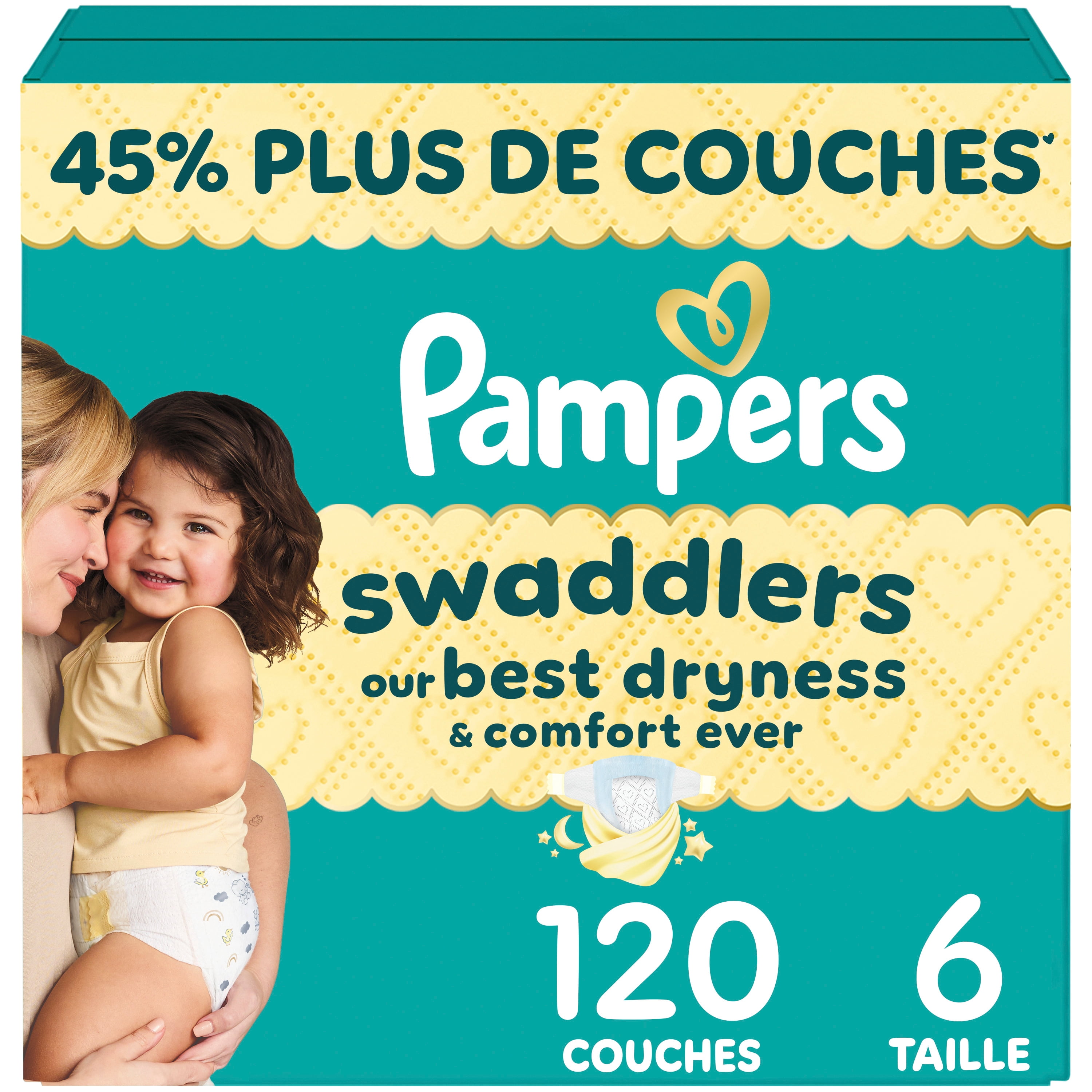 Couches Pampers Swaddlers, absorbantes, gardent bébé au sec et confortable, couche jetable pour bébé sans danger pour la peau, taille 6 (10,4 à [23 à 44 lb])