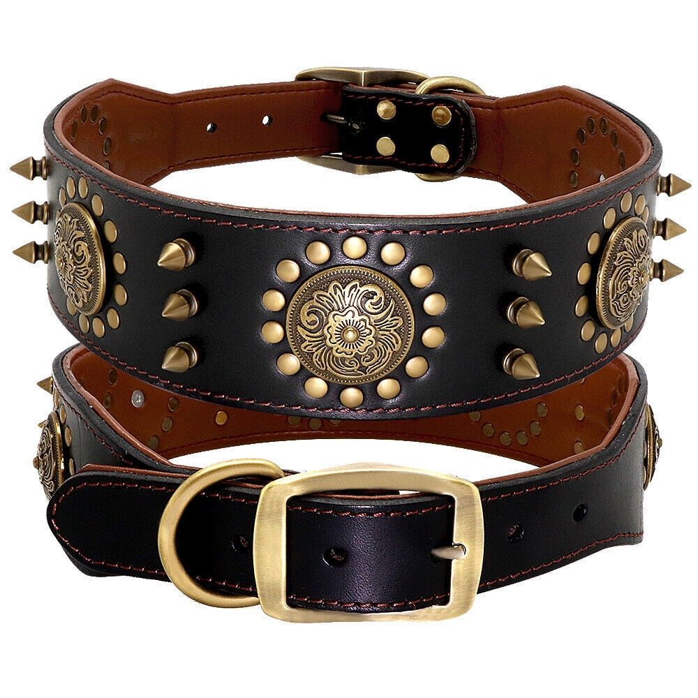 Didog Genuine Leather Spiked Studded Medium Large Dog Collar- Heavy Duty Pet Collars Wide Adjustable Rivet Neck Strap Pitbull Mastiff(Black,L)