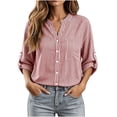 thumbnail image 2 of ClodeEU Women's Stand Collar V Neck Button Down Roll Tab Long Sleeve Striped Shirt,Casual Loose Blouse Top Red,Women's Plus M, 2 of 8