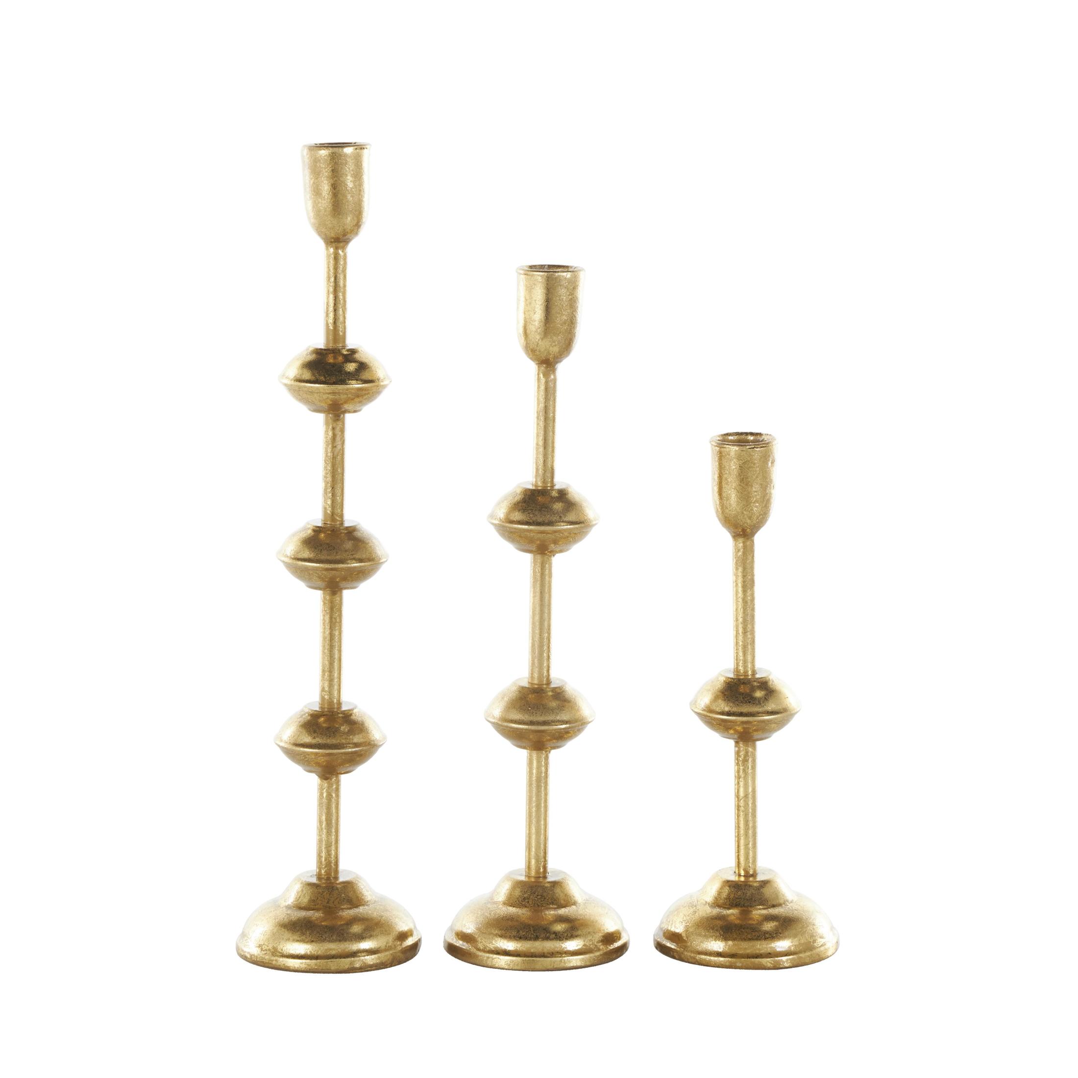 DecMode 3 Candle Gold Metal Slim Candle Holder with Floating Spheres, Set of 3