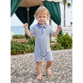 thumbnail image 6 of BemeyourBBs Newborn Baby Boy Fishing Outfit Infant Baby Boy Summer Clothes Waffled Stripe Romper One Piece Stripe Embroidery Buttons Turn Down Collar Short Sleeve Bodysuit Jumpsuit, 6 of 9