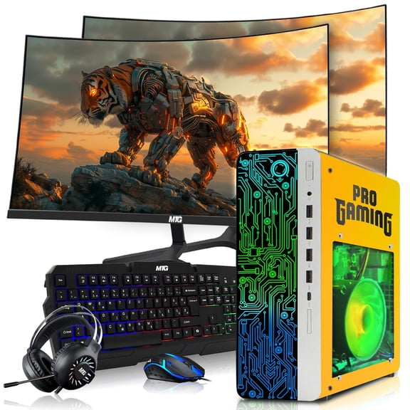 Restored HP G4 Gaming Desktop Computer PC Lambo AMD A10-9700,16GB RAM,256GB SSD OS 2x500GB HDD,Dual 27 Inch Curve Monitor,GT 730 Graphics,RGB KBM with AI Copilot,WiFi,RGB Headphone,Windows 11 (Refurbished)