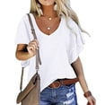 thumbnail image 3 of Blusa de manga con volantes Cuello en V Color puro Blusa casual Camisa superior para mujeres Citas Verano Blanco L, 3 of 6