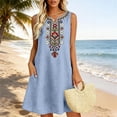 thumbnail image 5 of Summer Dresses Women's Summer Embroidered Boho Dress Casual V Neck Short Sleeve Loose Linen Dress With Pockets Light Blue S, 5 of 9
