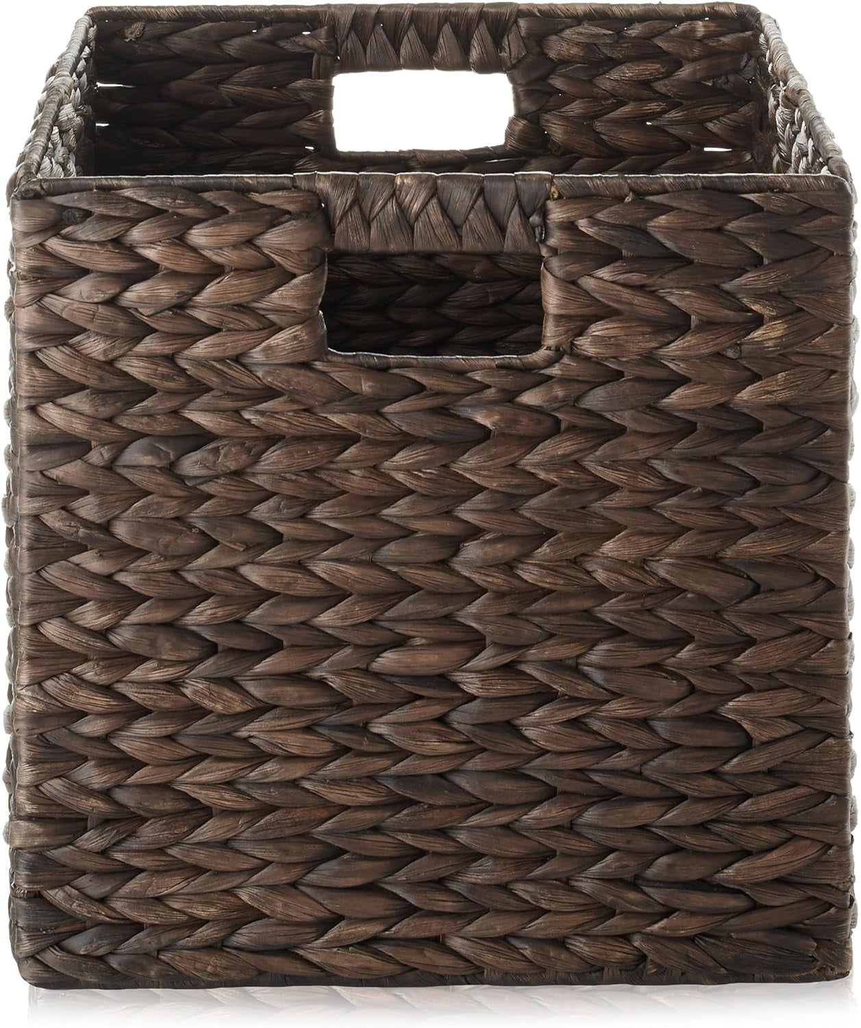 AISUO 12" x 12" Water Hyacinth Storage Baskets, Espresso - Set of 6 Collapsible Cube Organizers, Woven Bins for Bathroom, Bedroom, Laundry, Pantry, Shelves