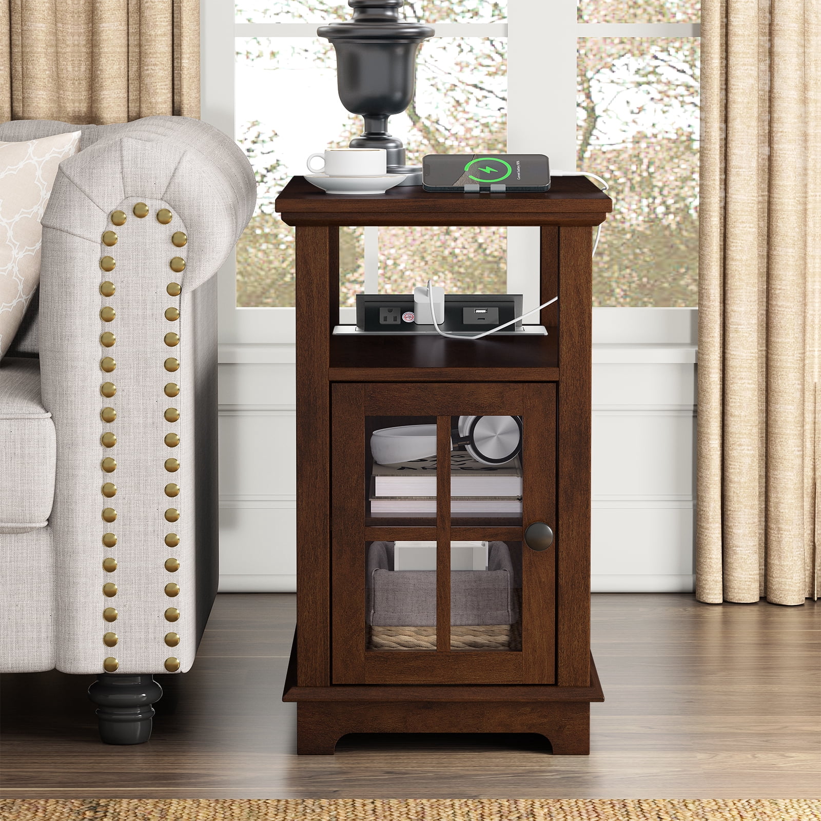 FAGAGA End Tables with Charging Station for Living Room, Wooden Nightstand for Bedroom,Cherry