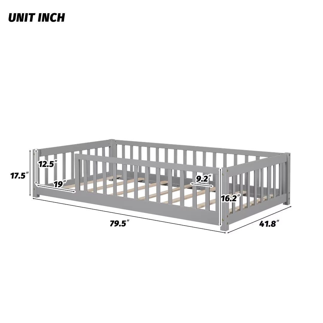 Triple Tree Kids Twin Pine Wood Floor Bed with Fence, Gray/White