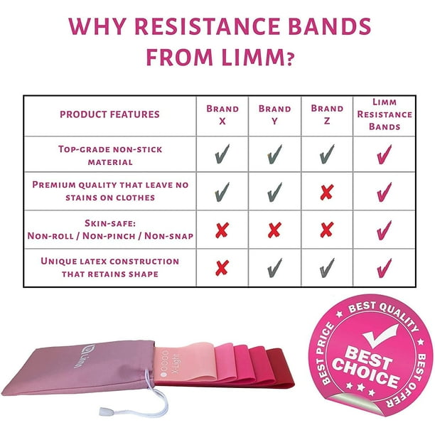 Limm Resistance Loop Exercise Bands Set of 5 Stretch Bands for Working Out with Instruction Guide Carry Bag Elastic Band for Home Workout Physical Therapy for Women and