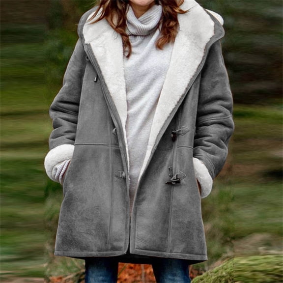 FAVIPT Womens Winter Jackets Clearance Sale Plus Size Sherpa Fleece Coat Horn Button Hooded Overcoats Faux Suede Outerwear 2024 Gray XL