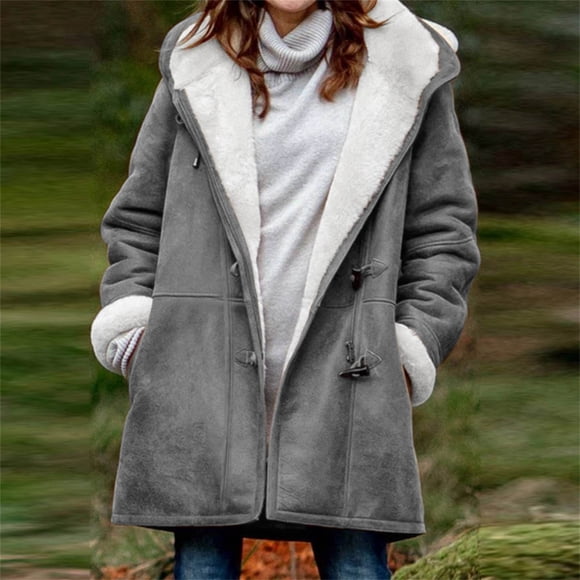 lcziwo Womens Plus Size Winter Coats for Women 2024 Warm Sherpa Fleece Lined Jackets Horn Buckle Hooded Parka Faux Suede Pea Coat Outerwear Gray,XL