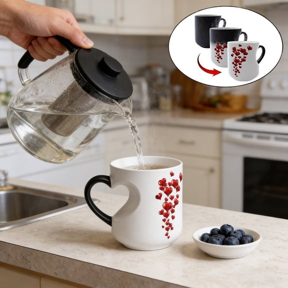 Heart-Shaped Color Changing Magic Ceramic Mug Funny Color Changing Coffee Cup with Handle That Reveals Surprise Design When Filled with Hot Beverage Romantic Gift for Couples