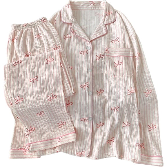 Pink Bow Tie Design Pajamas for Women Long Sleeve Top & Elastic Waist Pants Pajamas Set Casual Home Wear Sleepwear