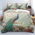 thumbnail image 1 of Funda nórdica Queen Size Juego de cama de plumas de pavo real rosa floral y animal, 1 of 6