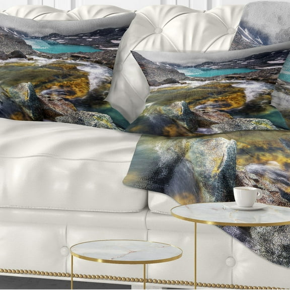 Designart Mountain Creek Flowing into Lake - Landscape Printed Throw Pillow - 12x20