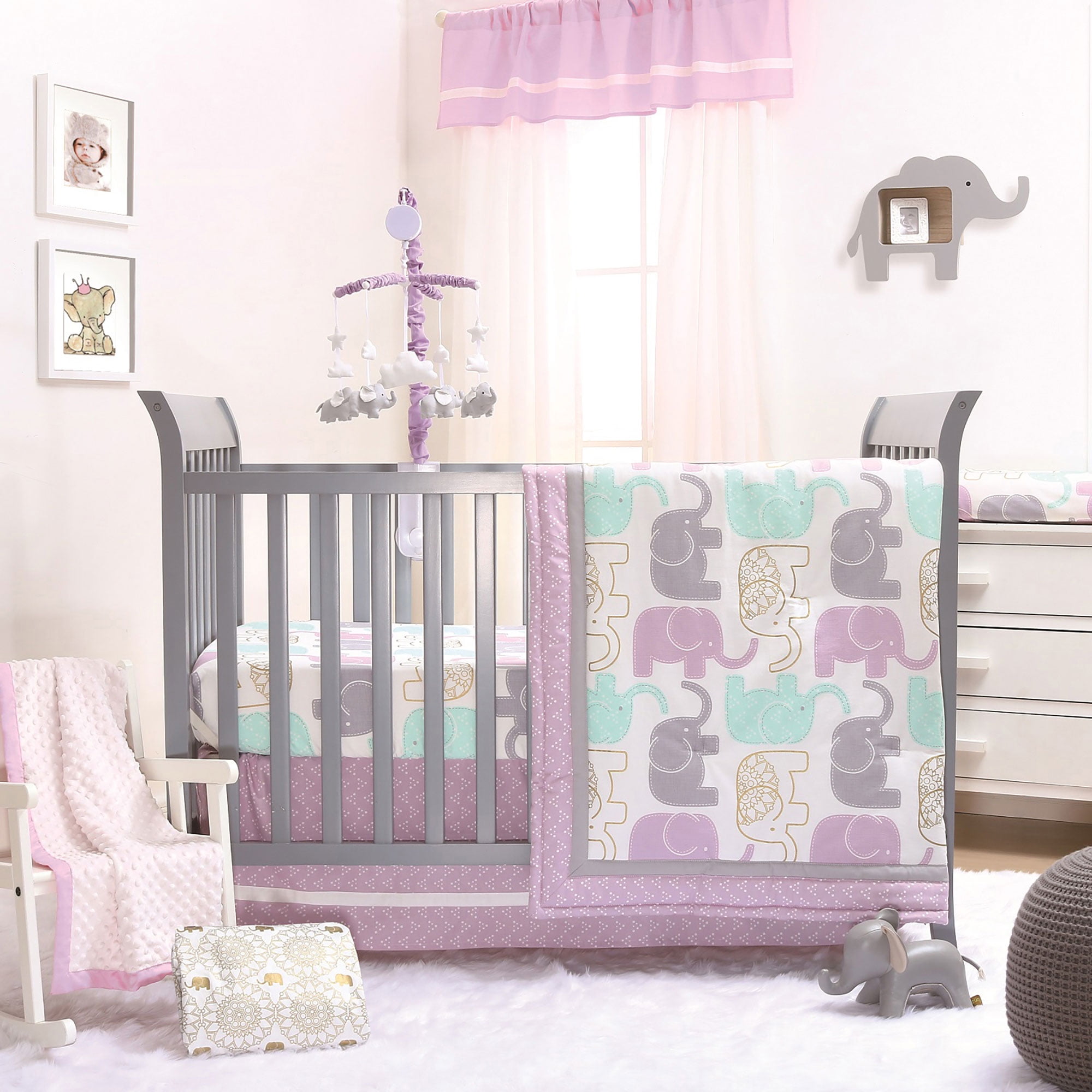 Little Peanut Lilac/Gold Elephant Baby Girl Crib Bedding ...