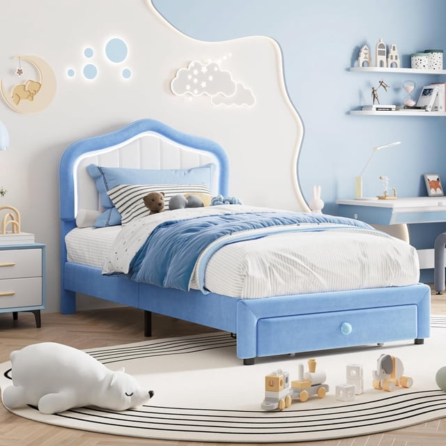 Blue-blanca tamaño individual forrado marco cama almacenamiento cajón y smart LED cabecero princess tamaño individual size cama plataforma madera slats support no necesita colchón base m...