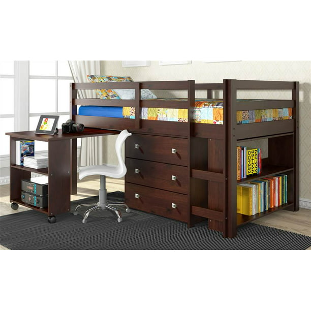 Twin Low Study Loft Bed With Desk In, Low Loft Bed With Pull Out Desk