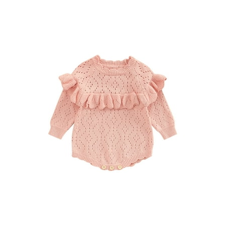 

Binwwede Infant Baby Girls Sweater Rompers Solid Color Hollow Out Long Sleeve Jumpsuits Autumn Winter Ruffles Sweet Bodysuits