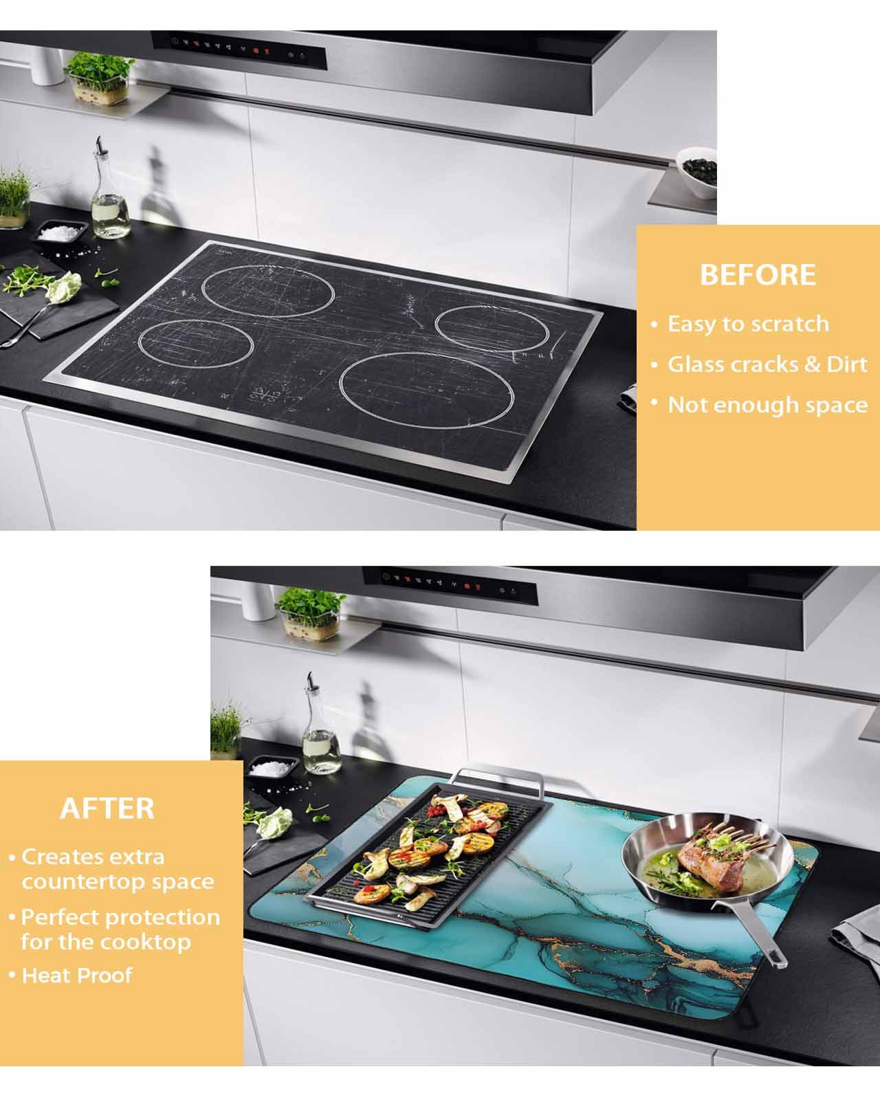 nqOlkjepod Large Induction Cooktop Protector Mat 24"x21", Marble Turquoise Gold Stove Top Covers for Electric Stove, Abstract Simple Geometric Stove Burner Cover Mats, Glass Top Stove Cover