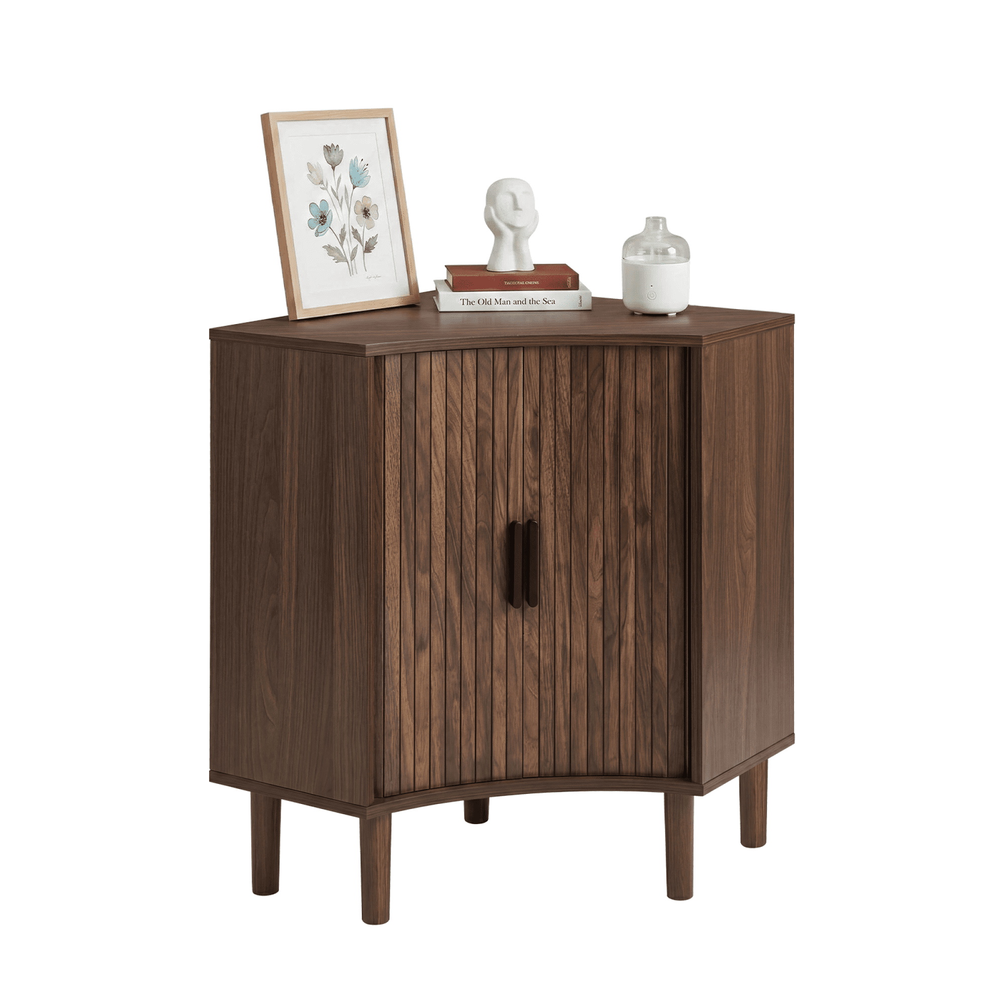 Leumius Fluted Corner Cabinet, Small Corner Floor Cabinet with Sliding Doors and Adjustable Shelves, Modern Wooden Freestanding Narrow Storage Cabinet for Living Room,Dining Room,Bathroom, Walnut