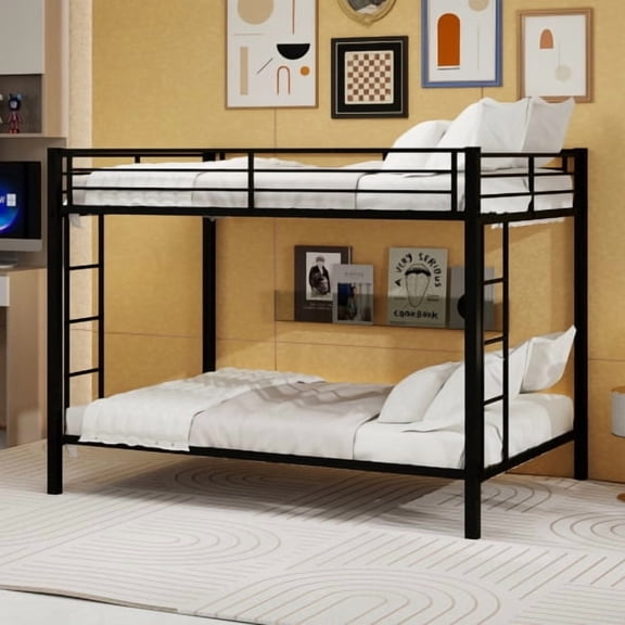 Queen-Over-Queen Metal Bunk Bed with Ladders and Guardrails, Steel Frame for Adults/Teens, Space-Saving for Dorms/Shared, Sturdy Iron, Black