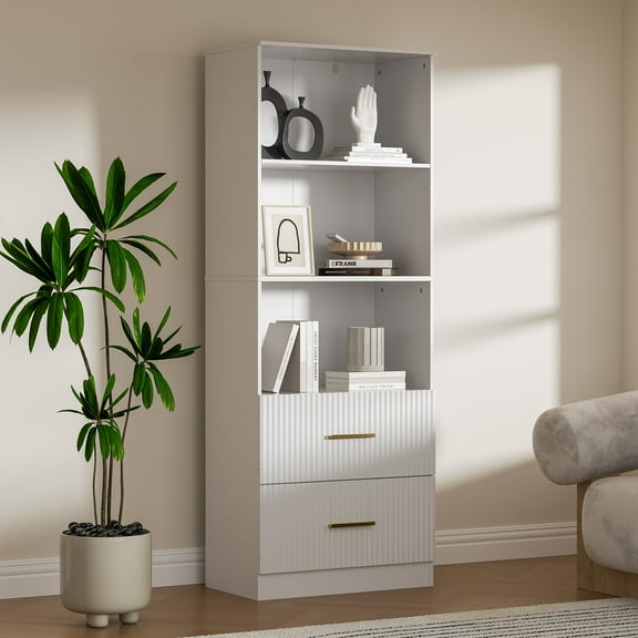 63" Tall Bookshelf with 2 Drawers, 3 Shelf Modern Bookcase with Adjustable Shelf, Open Shelves Bookcase, Unique Book Shelf for Home Office, White