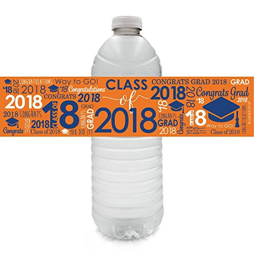 2018 Graduation Water Bottle Labels 24ct, Blue and Orange Class of 2018 Graduation Party Favor ...