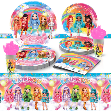 Rainbow High Dolls Party Tableware Set Plates Cup Kit Birthday Supplies Decorations Disposable Dinnerware