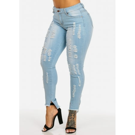 Womens Light Blue Jeans - Womens Juniors Light Blue High Rise Distressed Brown Stitching Ankle Skinny Jeans 10025K