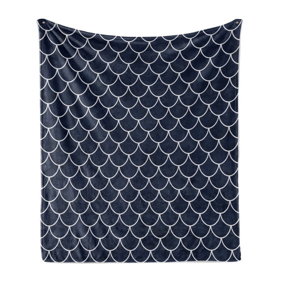 Navy Soft Flannel Fleece Blanket, Shell Pattern with Half Circled Lines Like Ocean Waves Nautical Modern Illustration, Cozy Plush for Indoor and Outdoor Use, 60" x 80", Indigo White, by Ambesonne