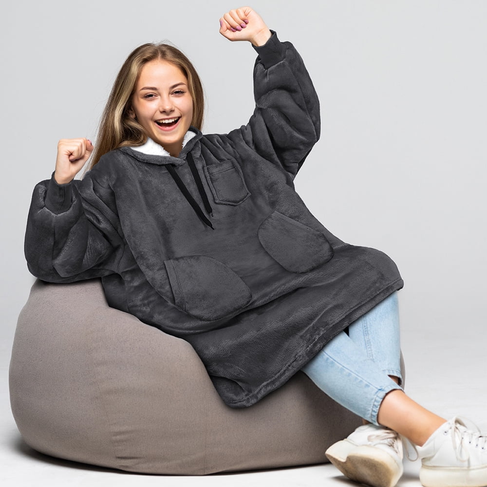 PAVILIA Wearable Blanket Sweatshirt for Kids Boy Girl, Warm Cozy Giant Hoodie with Two Pockets and Long Sleeves, Fleece Sherpa Oversized Hooded Blanket Pullover Gift for Teens Youths, Gray
