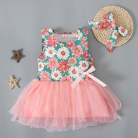 Bnwani Girls Dresses Kid Girls Sleeveless Princess Dress Flowers Bow Skirt Suits Cute Pink Skirt Suits 3-4 T