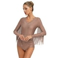 thumbnail image 2 of TiaoBug Women's Long Sleeve Tassel Fringe Bodysuit Rhinestones Gymnastics Leotard Rumba Tango Latin Dance Tops Dusty Pink XL, 2 of 6