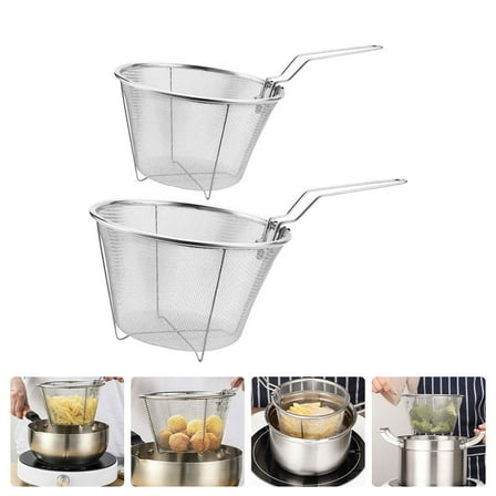 WASHWEPE 2Pcs Fish Fryer Basket Stainless Steel Frying Baskets for Home Cooks Silver 10.2x6.3x3.5in