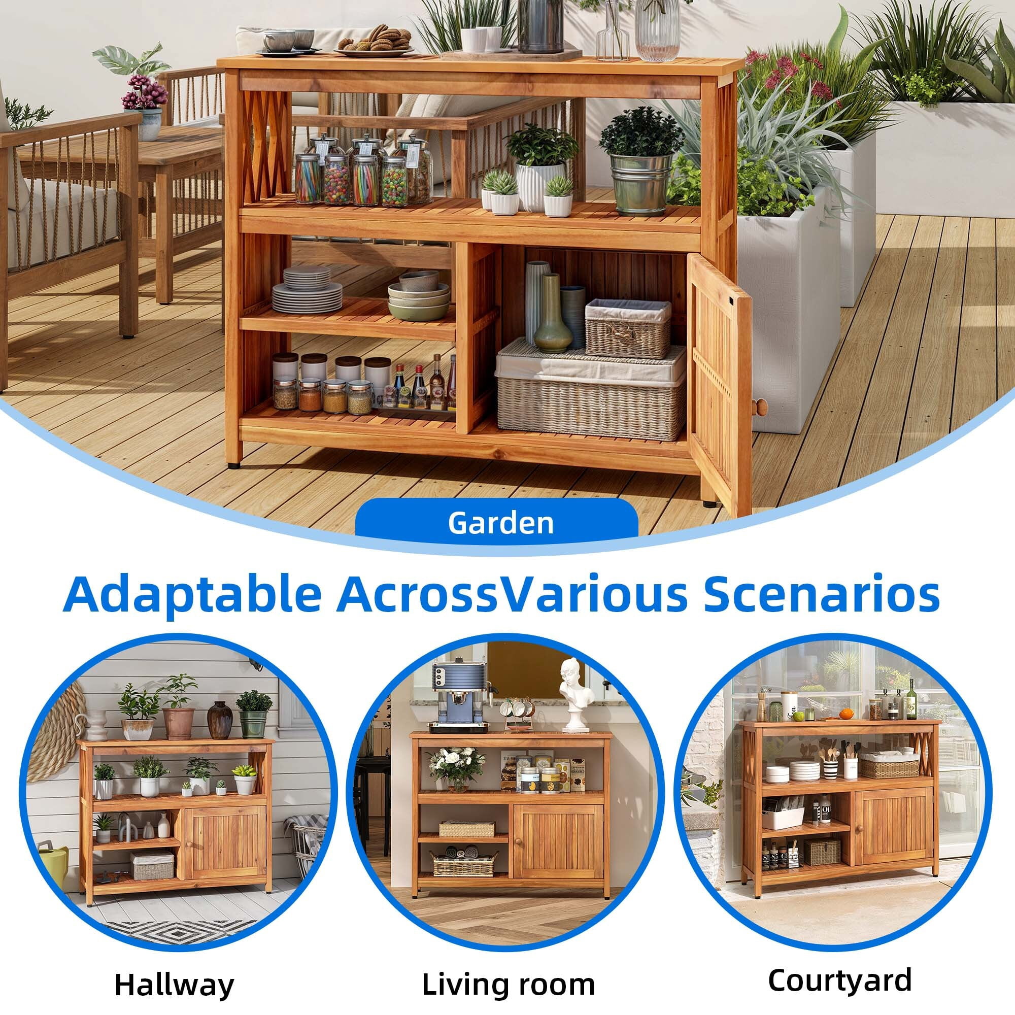 Uforic Patio Buffet Sideboard Cabinet with Doors & Shelves, 4-Tier Wood Storage Cabinet for Outdoor & Indoor, Natural